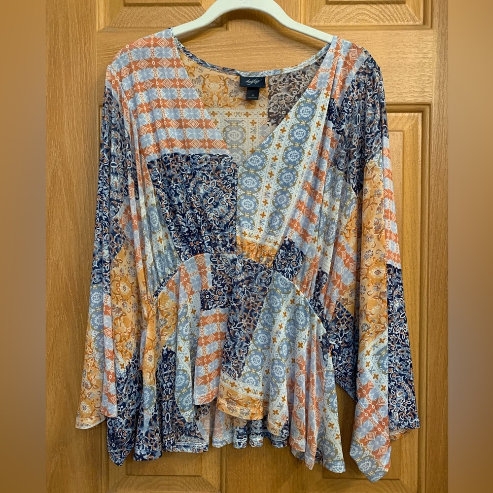Daytrip Patchwork Print Blouse in Navy, Orange, Cream